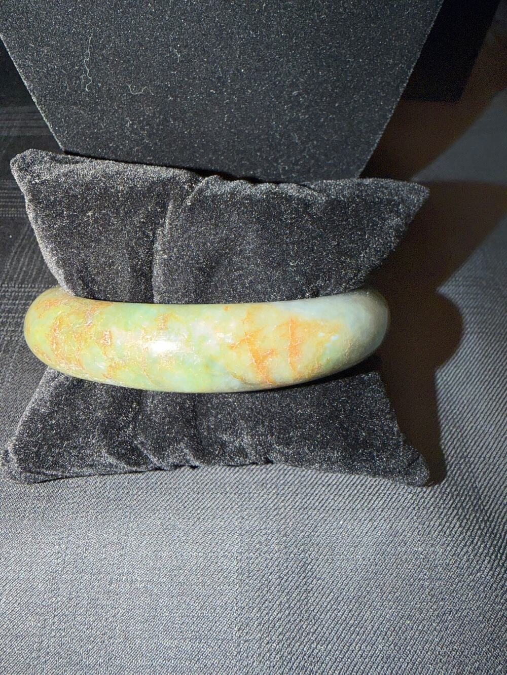 Jade bangle bracelet dark green and yellow colors natural stone 7.75” boho chic